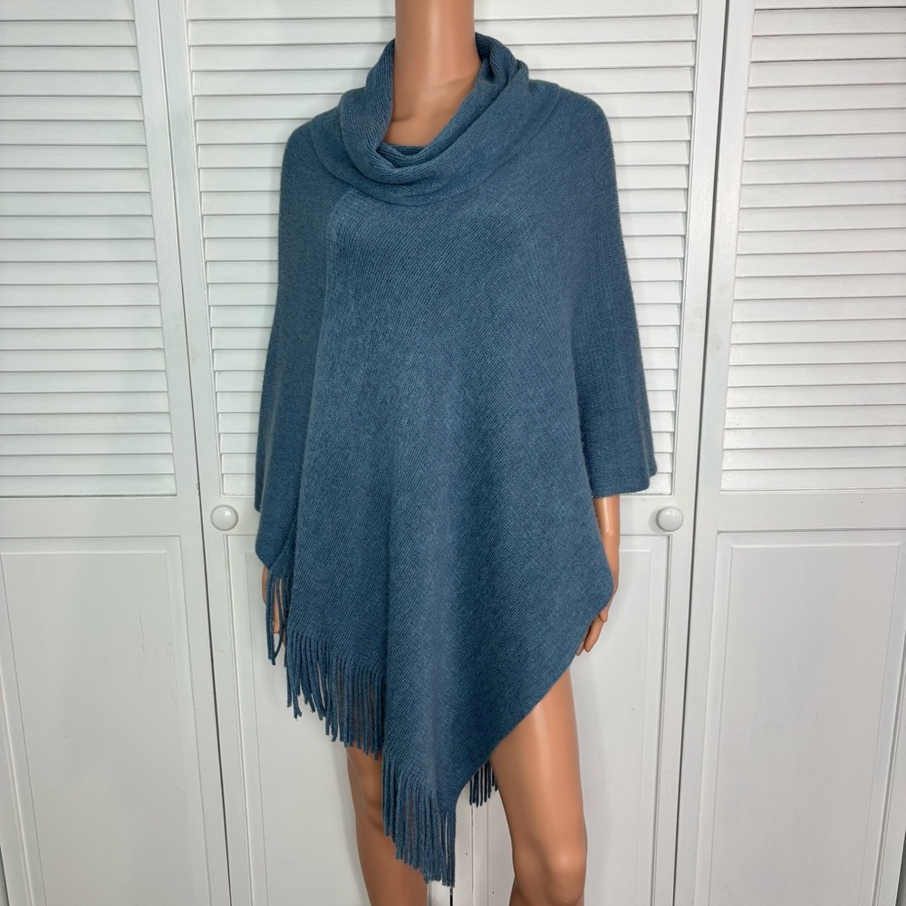 CHICO’S Blue Metallic Cowl Neck Fringe Poncho